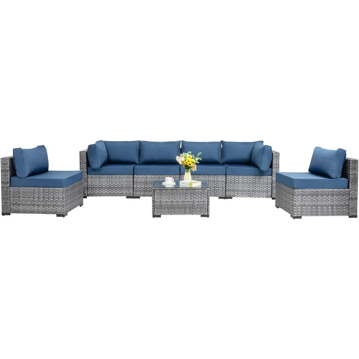 7 Pieces Outdoor Patio Sectional Sofa Couch, Wicker Furniture Conversation Sets with Washable Cushions & Glass Coffee Table