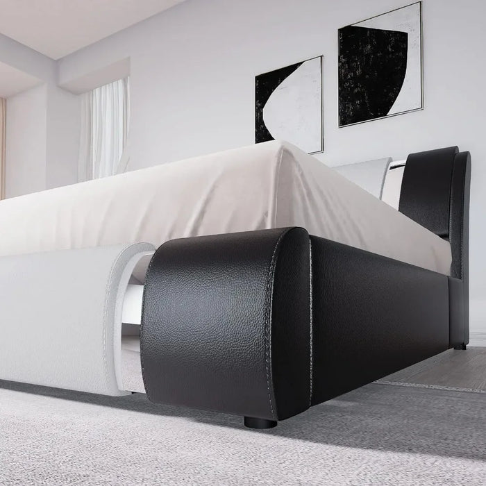 Bed frame, faux leather padded table bed with adjustable headboard, supported by wooden boards, oversized bed frame