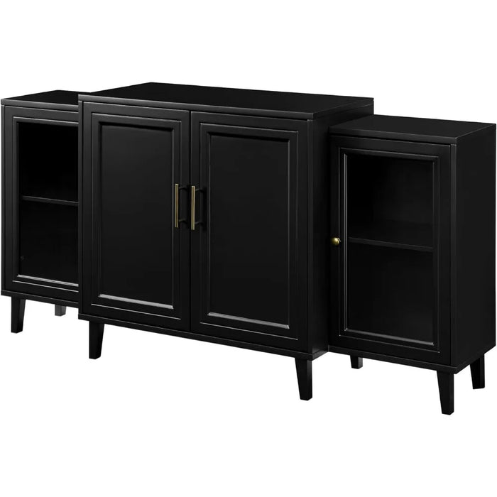 TV cabinet, 4-door layered modern side panel self-service storage table, 62, black, TV stand storage cabinet