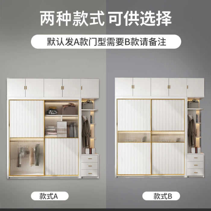 Solid wood multi-layer board, long rainbow glass sliding door, sliding wardrobe, simple modern household bedroom, large cabinet