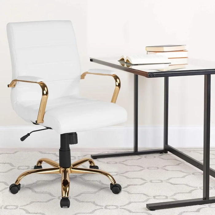 Computer Office Chair Cover Mid-Back Desk Chair - White LeatherSoft Executive Swivel Office Chair With Gold Frame Furniture