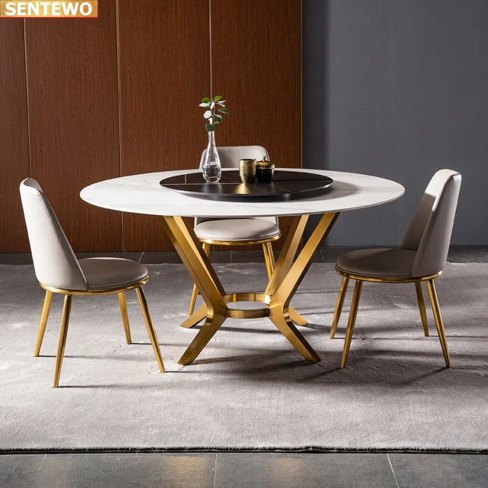 Designer Luxury round Marble Rock Slab dining table set 4 6 8 chairs esstisch furniture comedor marbre Stainless steel gold base