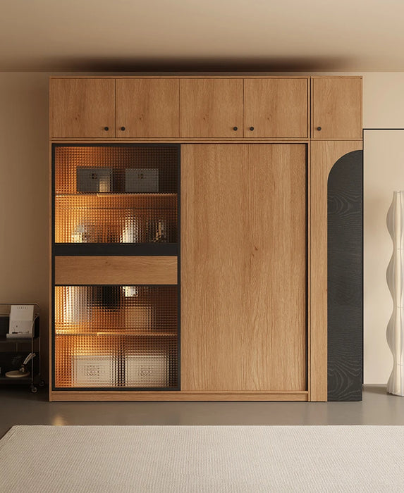 Nordic glass door solid wood wardrobe small bedroom large capacity combination locker wardrobe