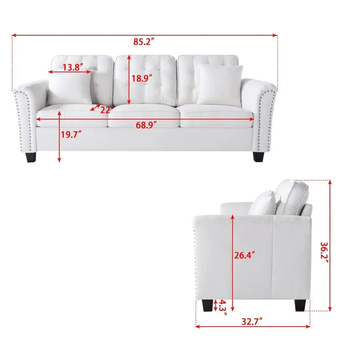 85.2" Modern 3 Seat Classic Modern Sofa with 2 Pillows, White Tufted Couch for Living Room