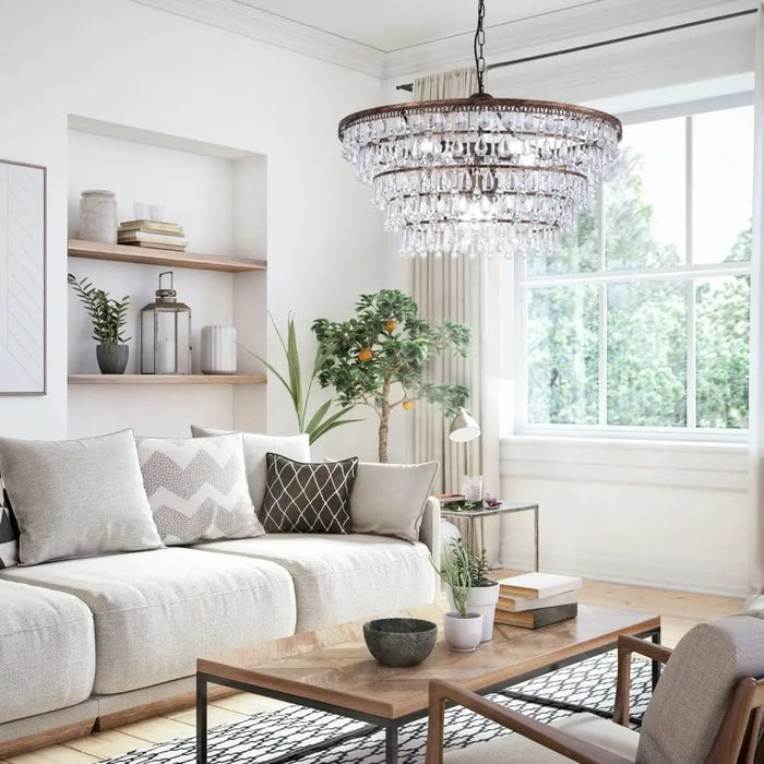 Wellmet Crystal Chandelier Farmhouse 5 Tiers Crystal Light Fixtures Hanging Modern Bronze Ceiling Pendant Light, Chandeliers