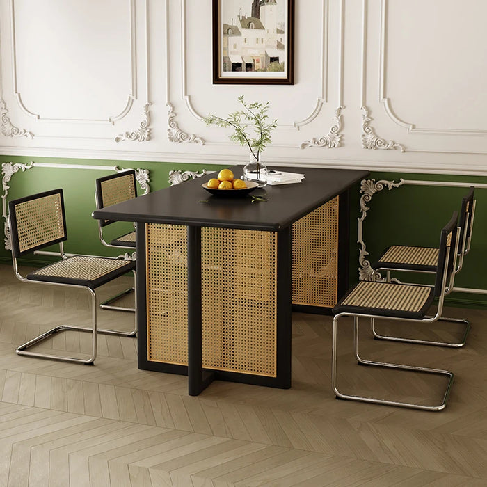 Nordic solid wood rattan dining table and chairs combined with modern simple retro French ash wood black dining table