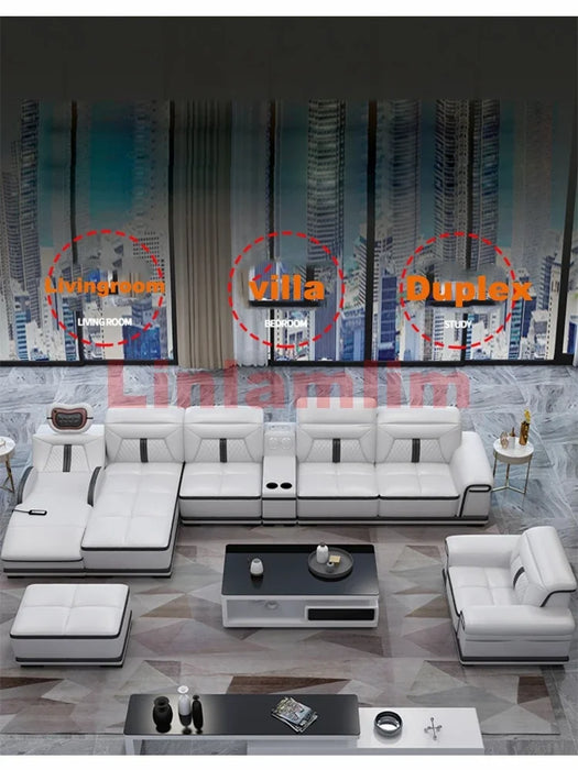 Italian Genuine Leather Sectional Sofa with Bluetooth, Speaker, Functional Headrest and Massage Chaise Lounge Couch
