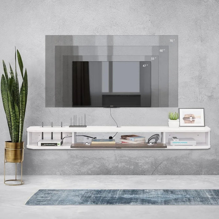 TV Console,63'' Wall-Mounted Media Console TV Cabinet Floating TV Stand Entertainment Shelf with Door and Storage (Grey White)