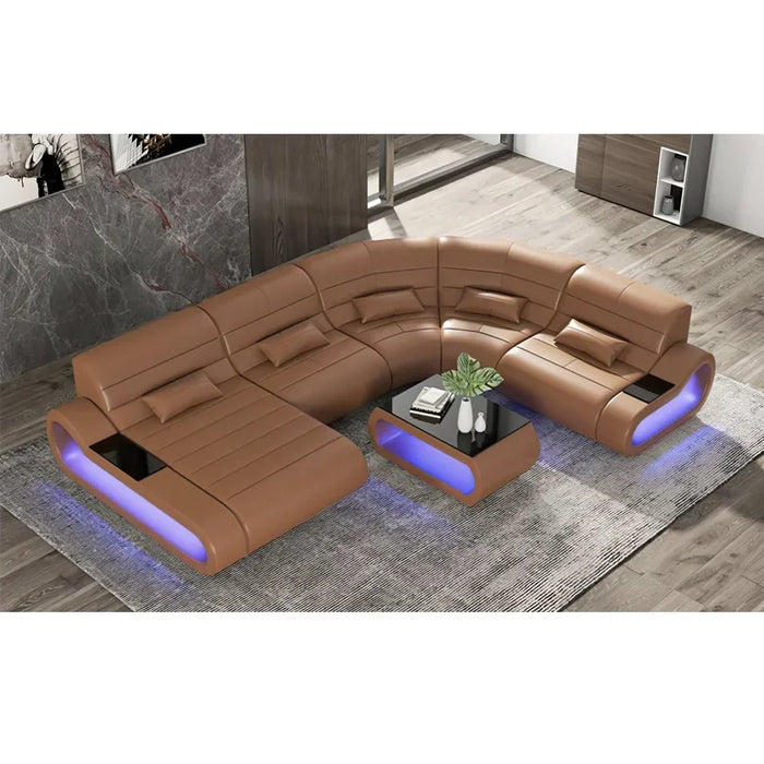 Smart Color Led Furniture Living Room Sectional Couch Brown Italian Leather Sofa Set