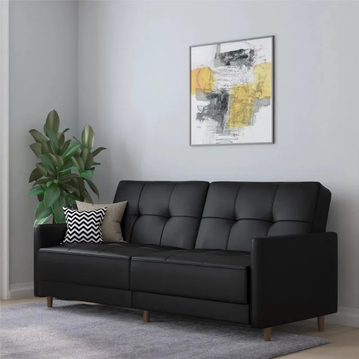 Living Room Sofa, Sofa Bed, Coil Futon, Black Faux Leather