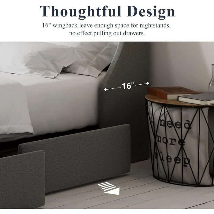 Button-tufted Design Queen Bed Frame With 4 Storage Drawers and Wingback Headboard No Box Spring Required Bedroom Furniture Base