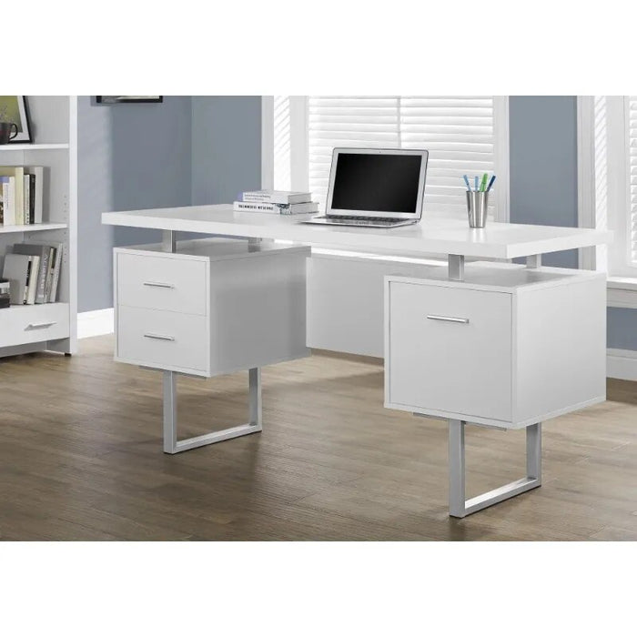 Computer Desk, Home Office, Laptop, Left, Right Set-up, Storage Drawers, 60"L, Work, Metal, Laminate, White, Grey, Contemporary,