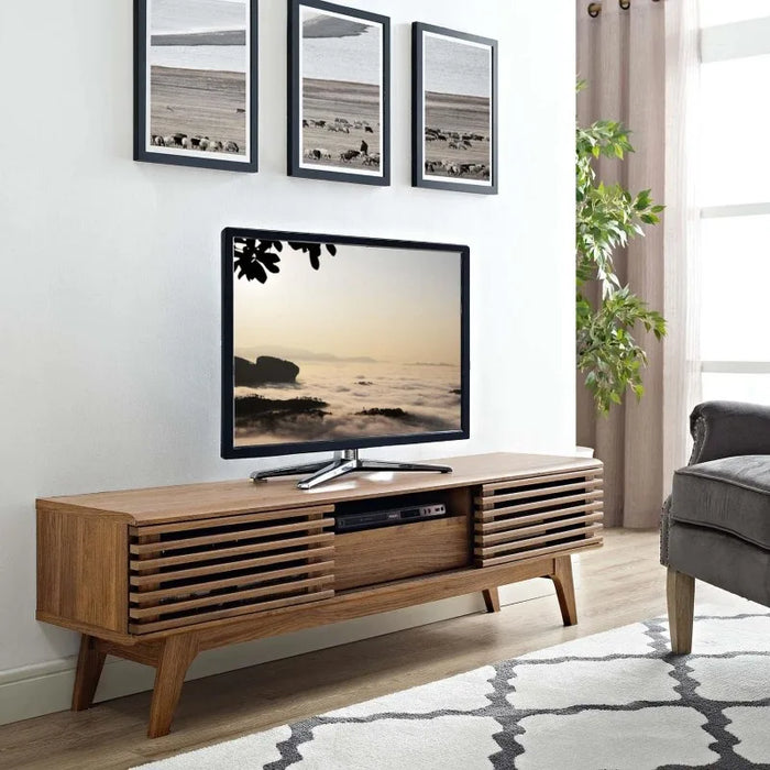 Modway Render Mid-Century Modern Low Profile 59 Inch TV Stand in Walnut Tv Cabinet Living Room Furniture