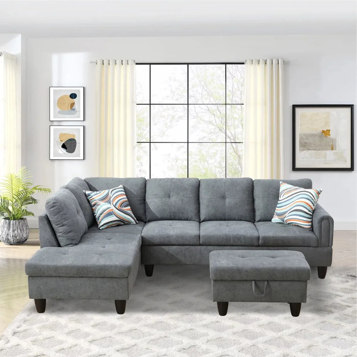 Sectional Sofa, Living Room Couch with Storage Ottoman, Left Facing Chaise, Flannel, Dark Gray