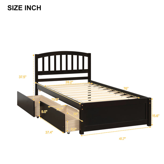 Twin Platform Storage Bed Wood Bed Frame with Two Drawers and Headboard, Espresso