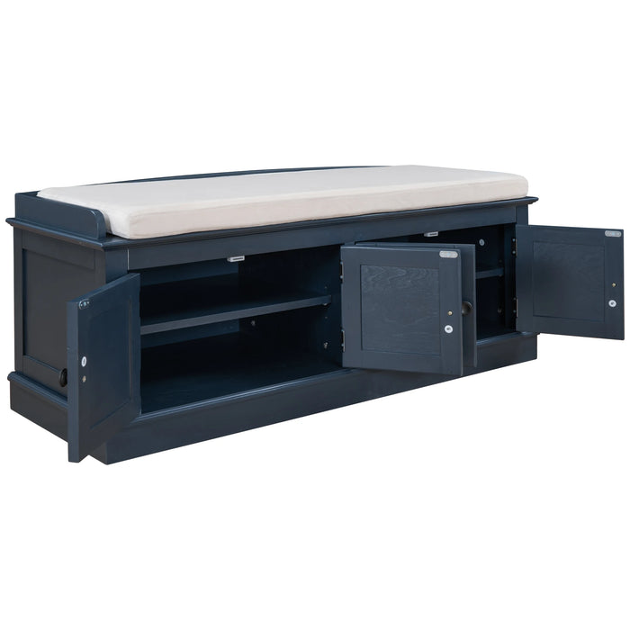 Storage Bench with 4 Doors and Adjustable Shelves, Shoe Bench with Removable Cushion for Living Room, Entryway