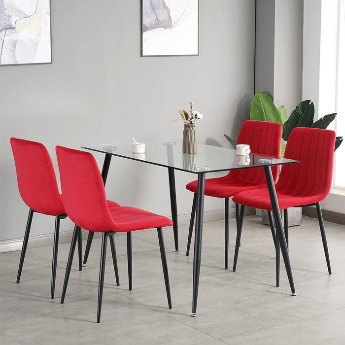 Table and chair set, one table and four chairs. Clear tempered glass table top, 0.3 feet thick, black wrought iron legs. Black s