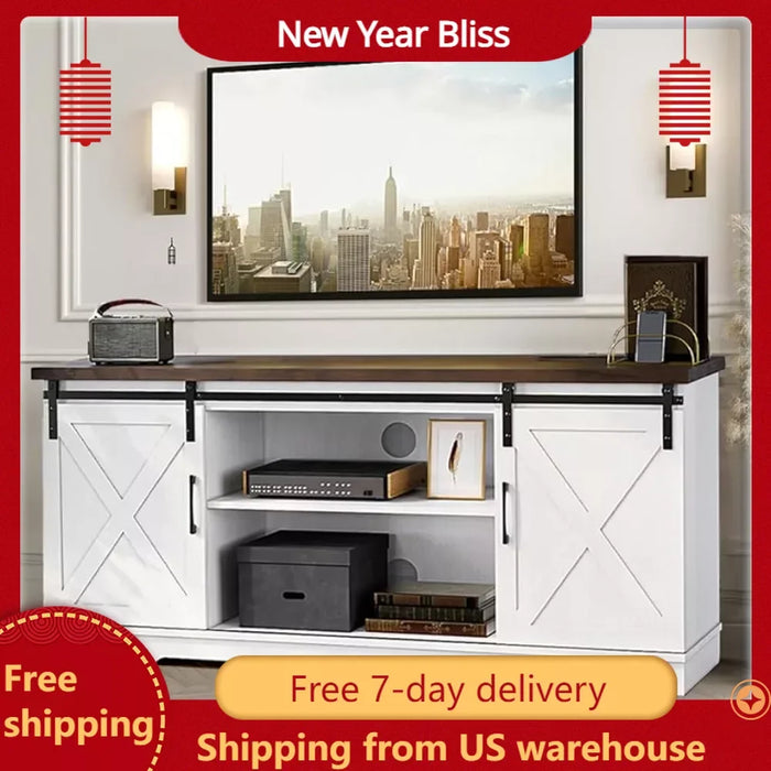 TV Cabinet, 65 Inch, Barn Door TV Cabinet with Storage and Shelves, Modern Console Living Room Table Furniture (White)