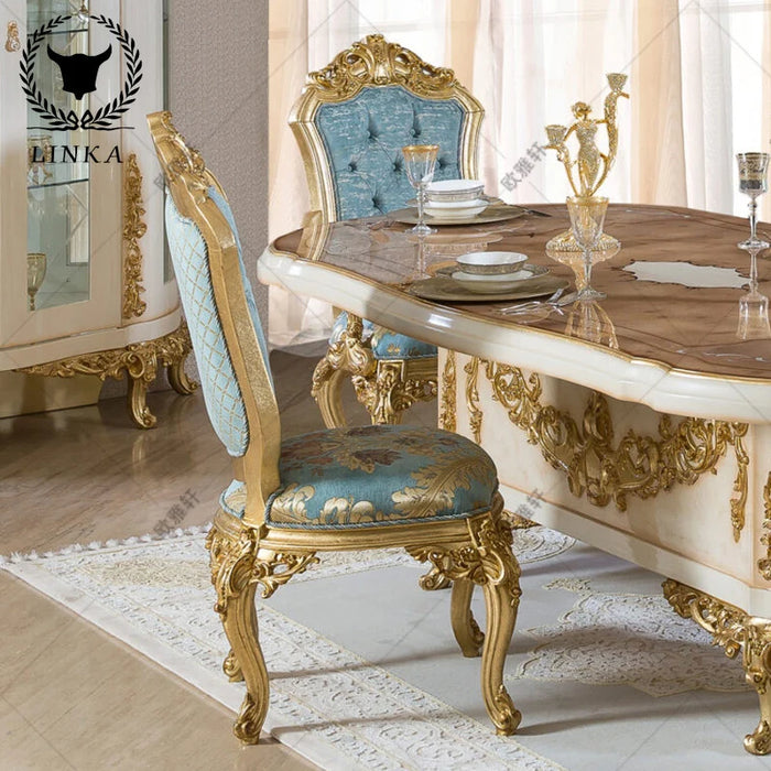 Custom court furniture European luxury aristocratic gold foil parquet long table villa dining table and chair combination
