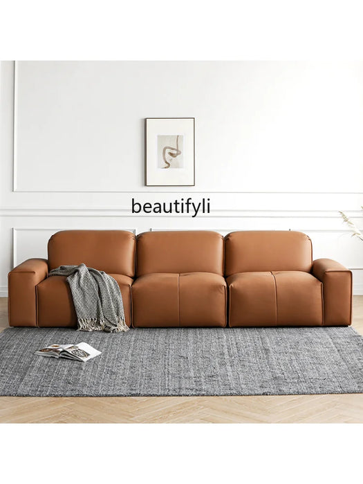 Leather Corner Sofa First Layer Cowhide Italian Style Minimalistic Straight Row Three-Seat Tofu Block Sofa  living room sofa