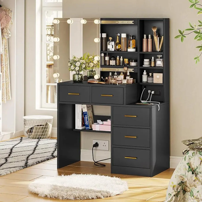 BTHFST Vanity Desk with Sliding Mirror and Lights, Makeup Vanity with Lights, Charging Station and Nightstand, Makeup Table