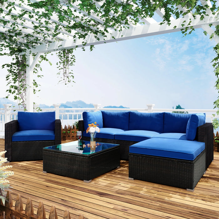 6PCS Patio Furniture Set Outdoor Patio Sectional All Weather PE Wicker Rattan Sofa Set with Glass Table, Blue Cushion