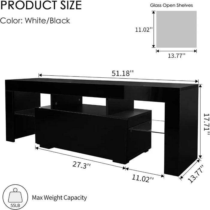 TV cabinet with LED lights and drawers, modern high gloss TV cabinet with 2 glass open shelves, living room TV cabinet
