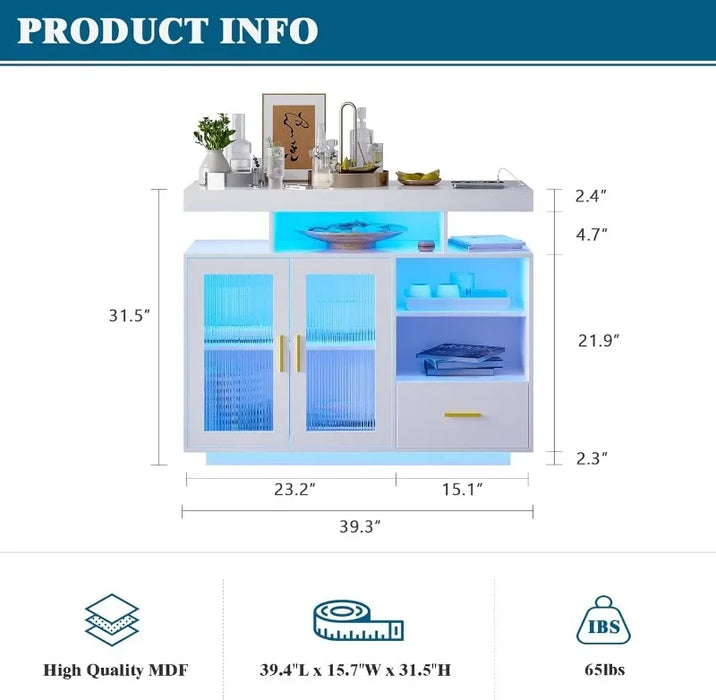 39.4" Modern LED Sideboard Buffet Cabinet with Charging Station, High Glossy Cupboard with Body Sensor Light, Coffee Bar Cabinet