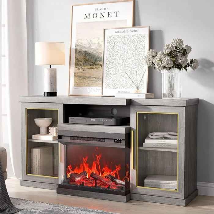 68" TV Stand with 23" Electric Fireplace, Entertainment Center for TVs Up to 75", Glass Door Storage Cabinet