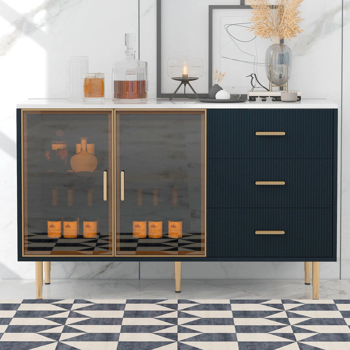 Modern Sideboard MDF Buffet Cabinet Marble Sticker Tabletop and Tempered Glass Doors with Gold Metal Legs (Navy Blue)
