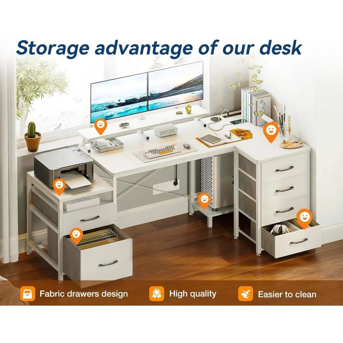 KKL L Shaped Computer Desk with File Drawers & 3 Power Outlets & 2 USB Ports, 72 Inch Home Office Desk with Printer Cabinet