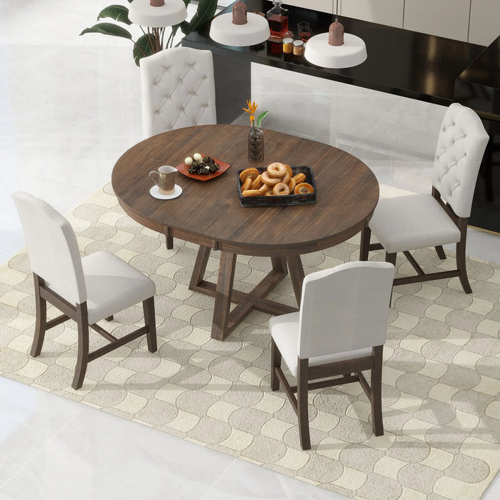 5-Piece Retro Dining Set, Round Table with a 16"W Leaf and 4 Upholstered Chairs for Dining Room and Living Room (Walnut)