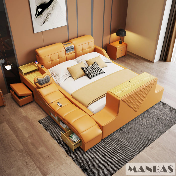 MINGDIBAO Ultimate Bed - Tech Smart Bed with Genuine Leather, Multifunctional Bed Frame, Massage, Speaker, Air Purifier and Safe
