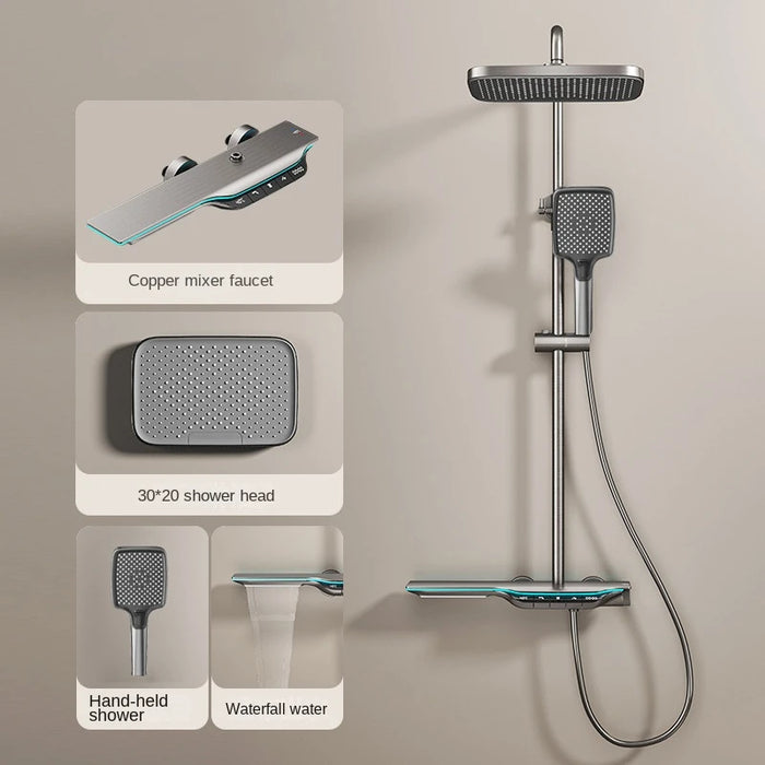Luxury Gray White Bathroom Shower Set Smart Digital Display Thermostatic Shower System Full Sets LED Bathtub Rain Showers Faucet