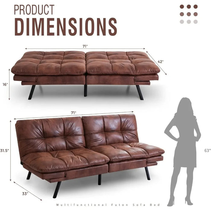 Futon Sofa Bed 71 Inch 3-Seater Modern Faux Leather Couch, Convertible Sleeper with Adjustable Armrests for Studio, Mid-Brown
