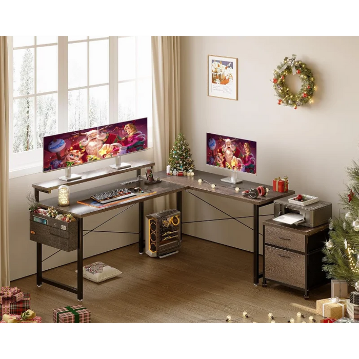 AODK L Shaped Computer Desk, 55" Office Desk with File Cabinet, Power Outlet and Adjustable Monitor Stand, Executive Home Office