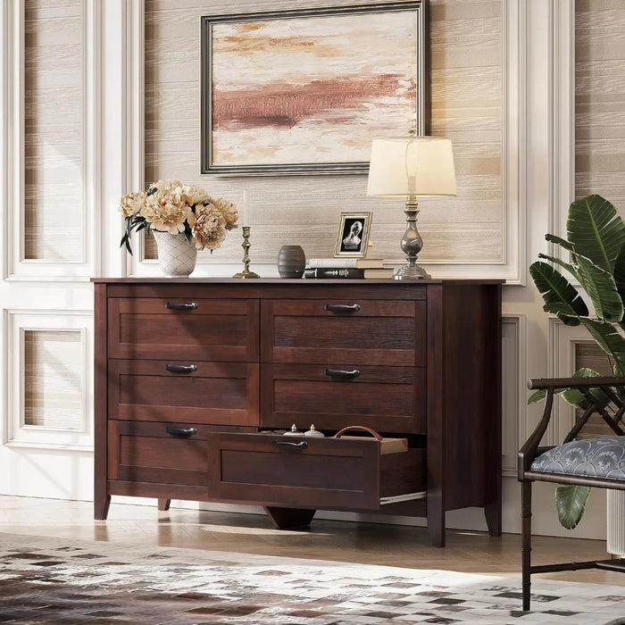 Dresser Bedroom with Metal Handle, Sturdy Frame Bedroom Furniture, Chest of 6 Drawers Large Storage Cabinet Dresser