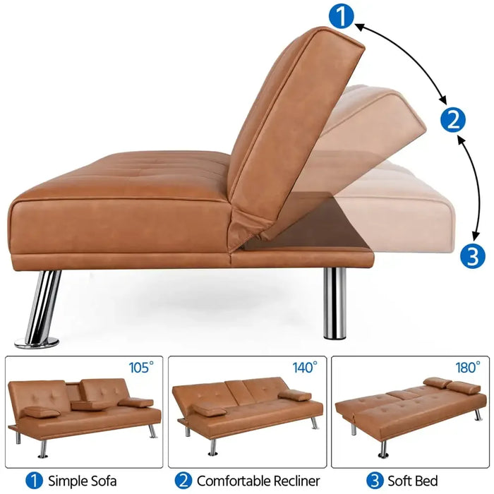 LuxuryGoods Modern Faux Leather Futon with Cupholders and Pillows, Brown