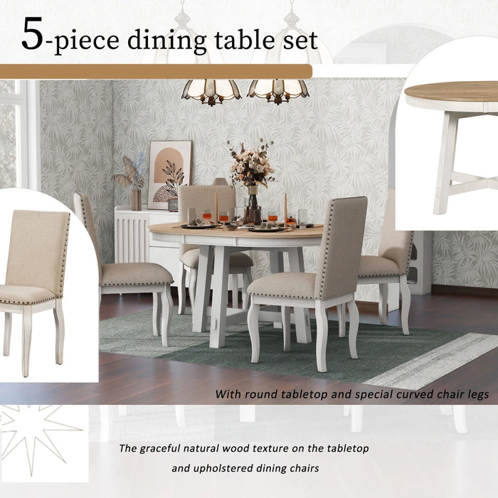 5-Piece Farmhouse Dining Table Set Wood Round Extendable Dining Table and 4 Upholstered Dining Chairs,Natural Wood/Antique White