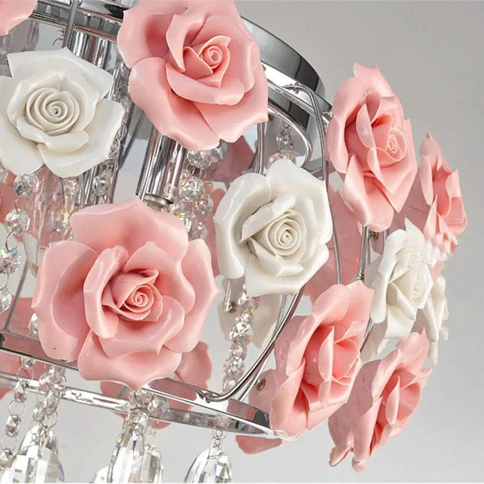 Modern Pink Crystal Chandelier Romantic Rose Flower Ceiling Lamp Pendant Light Girl Room Luxury Princess