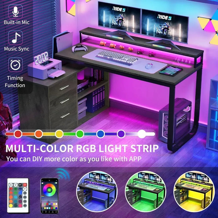 L-shaped Table with 3 Drawers, Corner Computer Desk with Power Socket and LED Light, Filing Cabinet with Home Office