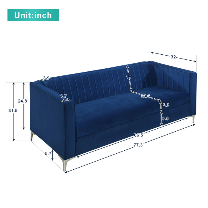 Mid Century Velvet Sofa,2-3 Seater Modern Couch, Exquisite Loveseat with Vertical Striped Decoration and Metal Legs