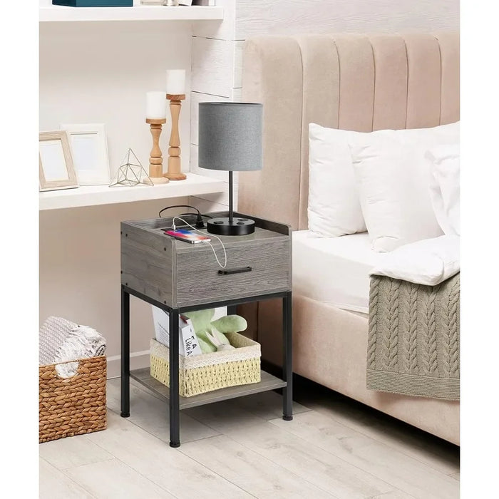 Nightstand with Charging Station 2-Tier, Side Tables Bedroom with Drawer Small, Bedside Table with USB Ports and Outlets