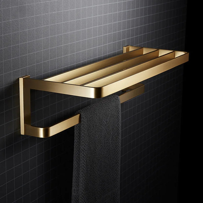 Modern Luxury Design Bathroom Renovation Full Copper Towel Rack Brass Brushed Gold Bath Hardware Set Towel Hanging Storage Shelf