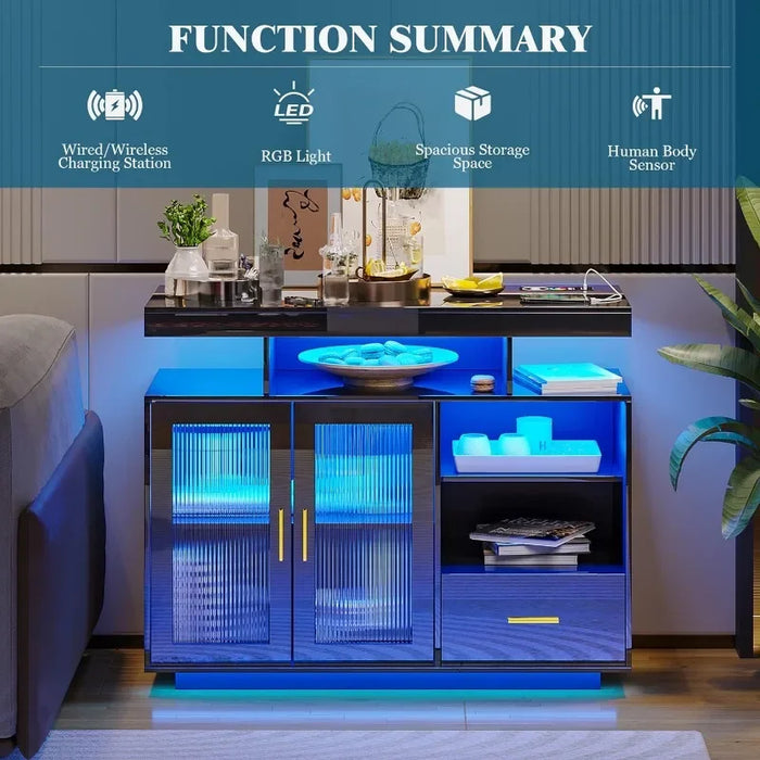 39.4" Modern LED Sideboard Buffet Cabinet with Charging Station, High Glossy Cupboard with Body Sensor Light, Coffee Bar Cabinet