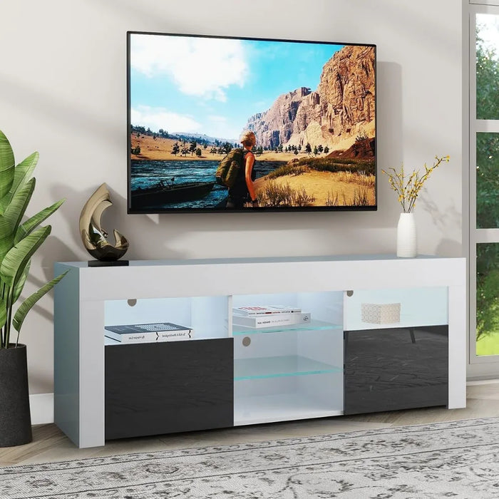 TV cabinet 65 inch TV, modern LED high gloss with glass shelf, TV console with LED lights for living room, white