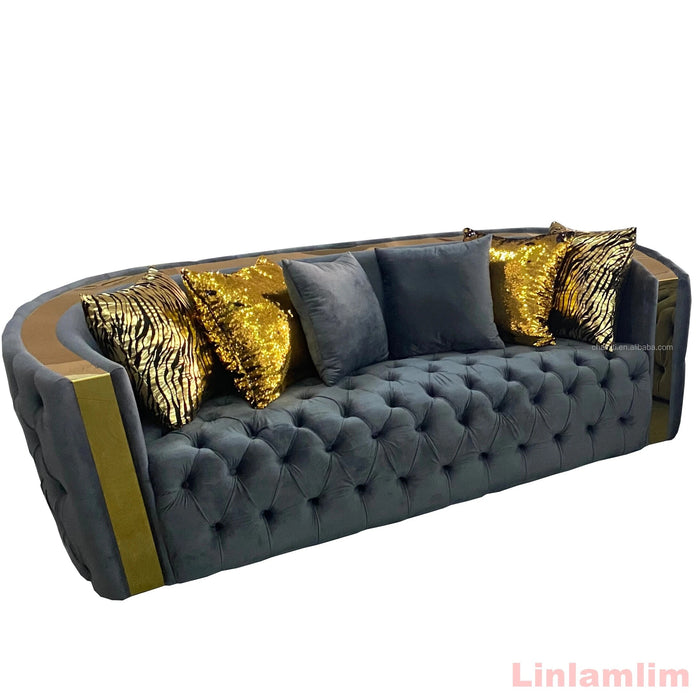 Linlamlim Italian Genuine Leather Sectional Couch Chesterfield Living Room Sofa Sets with Leather Buttons, Stainless Steel Trims