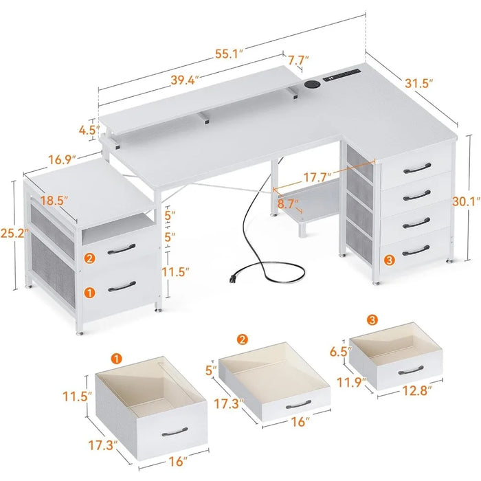KKL L Shaped Computer Desk with File Drawers & 3 Power Outlets & 2 USB Ports, 72 Inch Home Office Desk with Printer Cabinet