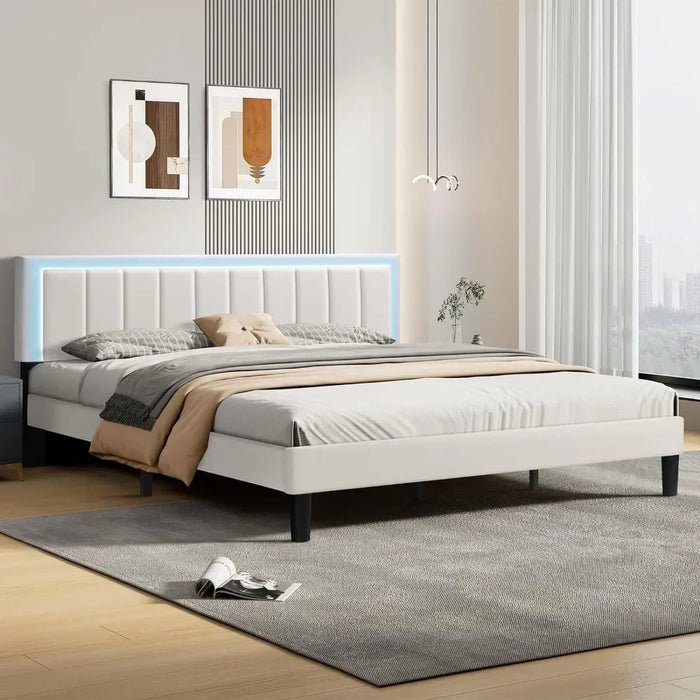 Bedroom bed frame, adjustable headboard and footrests, heavy-duty plank support, king-size upholstered leatherette bed