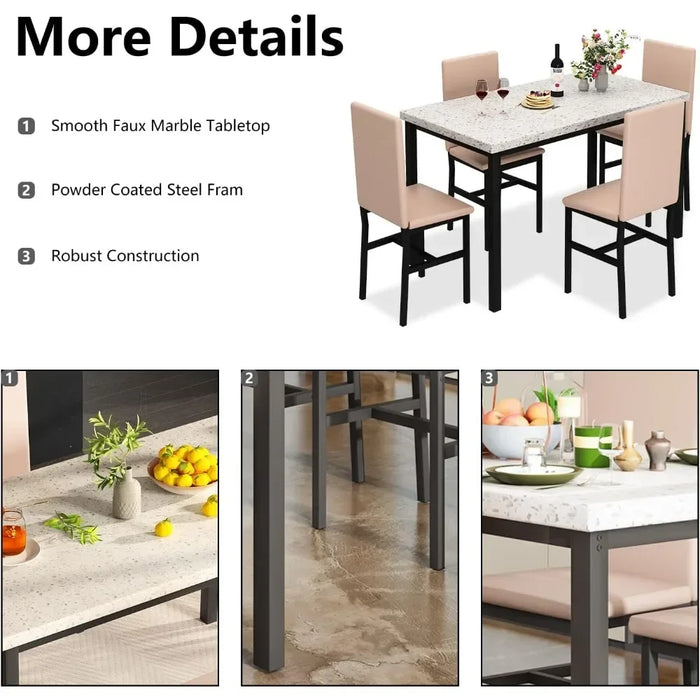 Compact Furniture 5-Piece Dining Room Table Set Faux Marble Table with 4 PU Leather Upholstered Seats, White